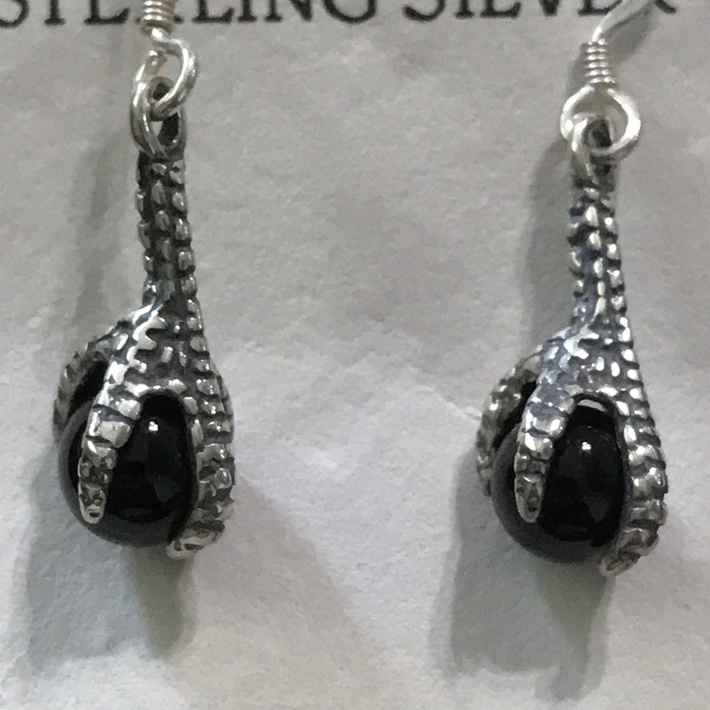 Claw/Black onyx stone sterling silver earrings - Picture 2 of 3